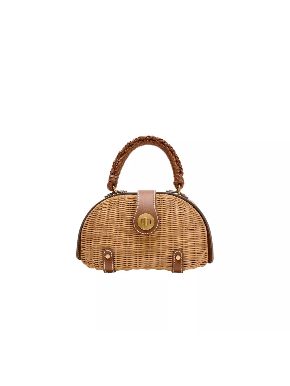 Zara Woven Rattan Top-Handle Bag with Brown Trim and Gold Hardware